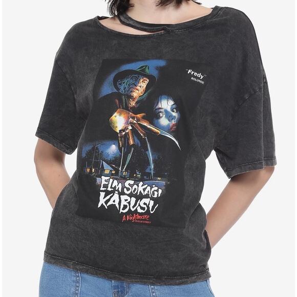 Nightmare On Elm Street NWT Women's Junior Medium Asymmetrical Cutout Wash Top - Picture 1 of 9